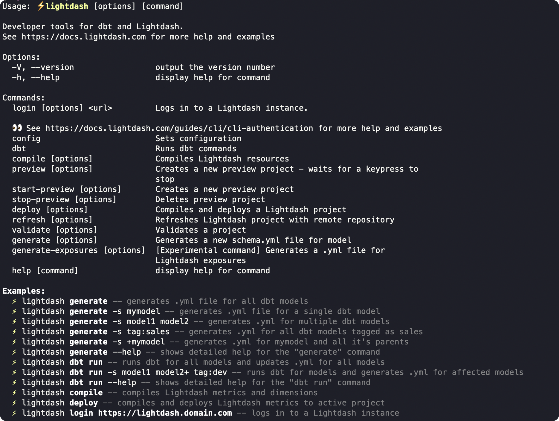 The Qyra CLI help output listing global options, every command from login to generate-exposures, and usage examples