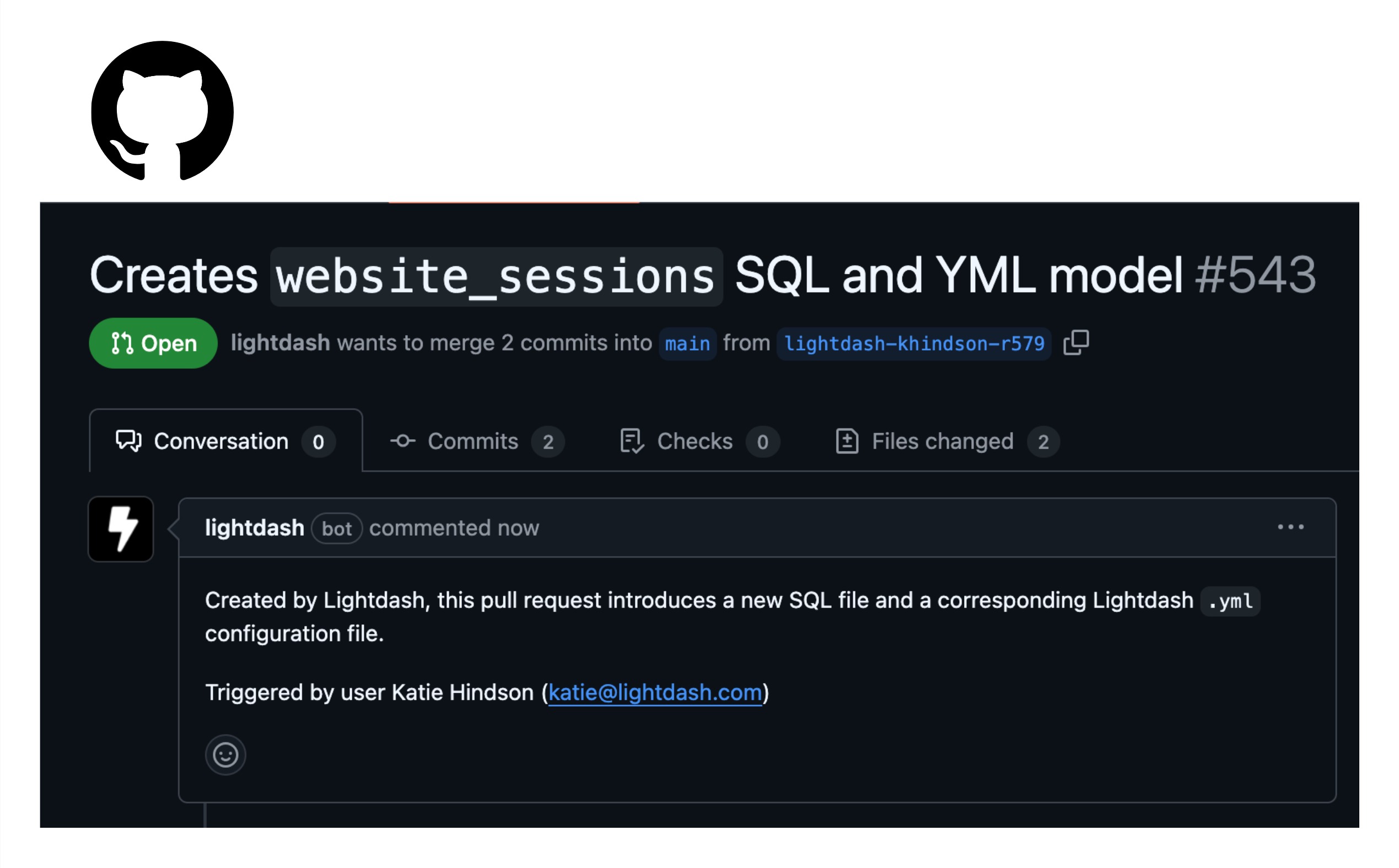 A GitHub pull request opened by Qyra adding a SQL file and matching .yml config for a new model