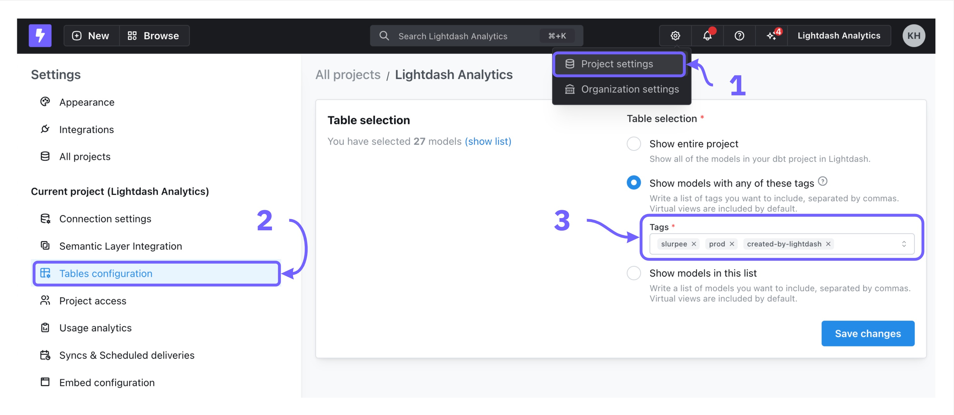 Project settings Tables configuration, with created-by-qyra added to the list of included tags