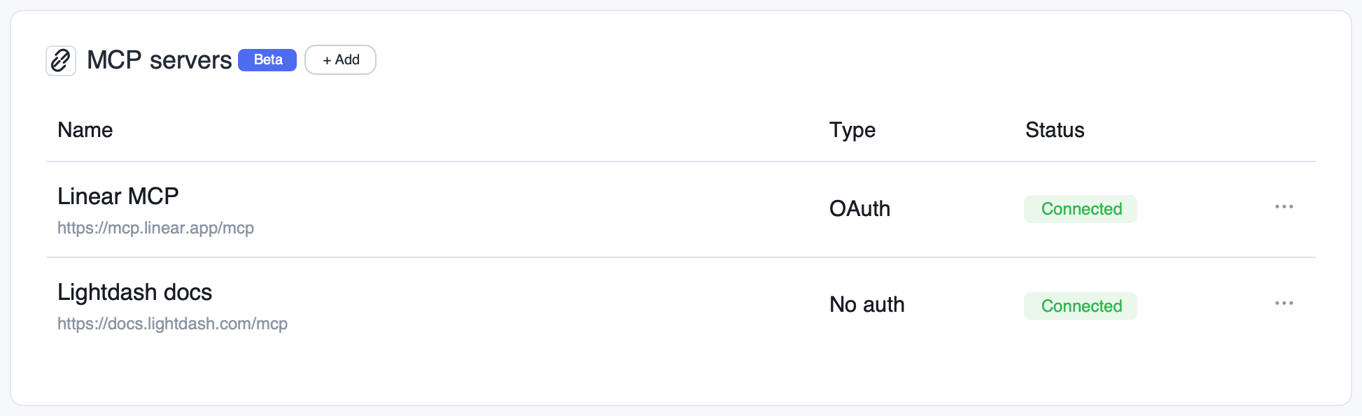 MCP servers list in project settings showing a Linear MCP server with OAuth and a Qyra docs server with no auth, both connected