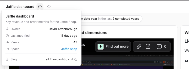 The dashboard info popover listing the owner alongside last modified, views, and space