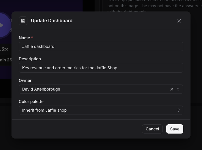 The Update Dashboard form with an Owner field set to a team member